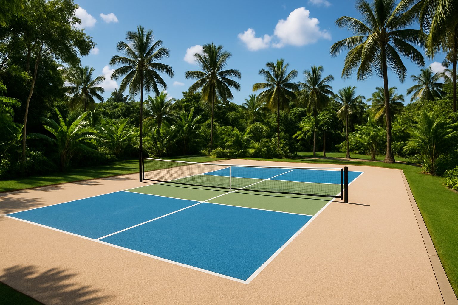A pickleball court with silica sand surface amidst tropical greenery and clear sky in the Philippines.